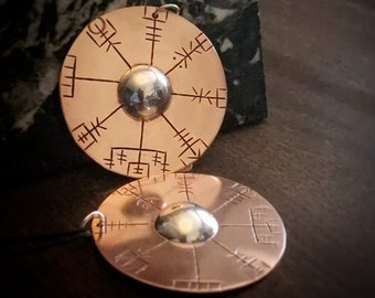 Large Copper and Silver Viking Shield Style Pendant with Vegvisir Design, aka The Way Finder Compass