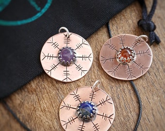 Copper and Silver Viking Shield Style Earrings and Pendants with Gemstones and Aegishjalmr aka Helm of Awe Design
