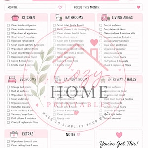 May include: A monthly deep clean checklist printed on a white background with pink accents. The document features sections for kitchen, bathrooms, living areas, bedrooms, laundry room, entryway, and extras, each with checkboxes for various cleaning tasks.