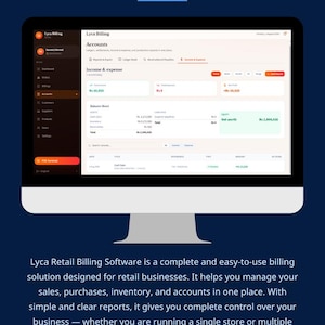 Könnte beinhalten: Ein Computermonitor zeigt die Benutzeroberfläche der Lyca Retail Billing Software mit einem Konten-Dashboard, das Daten zu Einnahmen, Ausgaben und Bilanzen enthält. Der Bildschirm zeigt Navigationsmenüs, Finanzübersichten und Transaktionsdatensätze.