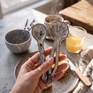 Handmade Ceramic Serving Spoon Set of 2 | Rustic Stoneware Utensils | Shell & Round Spoons | Wabi Sabi Kitchen | Foodie Gift
