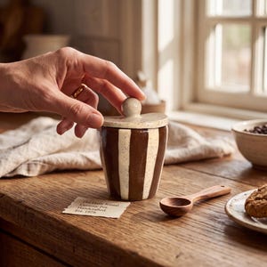 May include: A ceramic pot with a brown and cream striped pattern and a matching lid with a round knob. A small paper tag reads: The Daily Ritual. Ceramic Pot. Handcrafted. Est. 1978. The pot is positioned next to a small wooden spoon and cookies.