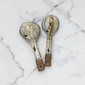 Handmade Ceramic Serving Spoon Set of 2, Rustic Drippy Glaze Stoneware Spoons, Cream Brown Kitchen Spoons, Pottery Serving Utensils