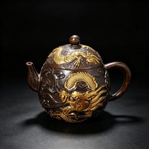 Antieke Chinese wijnkan van puur koper, verguld en handgesneden met een drakenmotief, een prachtig decoratief object voor in huis. Een echte verzamelobject.