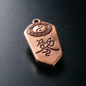 Pode incluir: Um pingente de metal em tom de cobre com formato de escudo, apresentando um símbolo yin-yang circular rodeado por uma borda octogonal de trigramas no topo e um grande caractere chinês em relevo no centro da parte inferior da superfície.