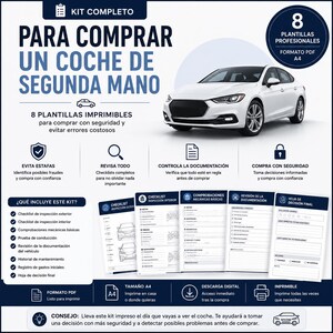 Puede incluir: Kit digital para comprar un coche de segunda mano con 8 plantillas PDF en formato A4. Incluye una imagen de un coche blanco, listas de verificación para inspección exterior, interior, mecánica, revisión de documentación y hoja de decisión.