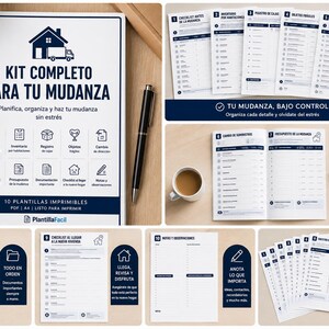 Puede incluir: Un kit de planificación de mudanza encuadernado en espiral titulado KIT COMPLETO PARA TU MUDANZA, con diez plantillas PDF imprimibles en formato A4. Incluye listas de verificación, inventarios, registros de cajas y presupuestos en azul oscuro.