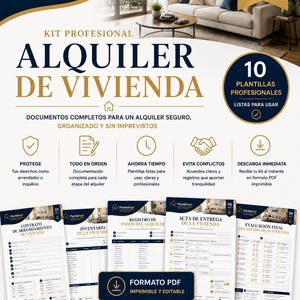 Puede incluir: Un kit profesional de documentos titulado Alquiler de Vivienda que incluye 10 plantillas esenciales en formato PDF. El diseño presenta iconos, texto descriptivo y cinco páginas de muestra para la gestión de alquileres.