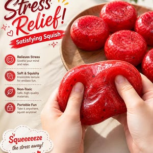 Può includere: Un giocattolo sensoriale rosso, traslucido e morbido con piccole macchie nere, allungato da due mani. L'immagine include il testo: Stress Relief! Satisfying Squish, Relieves Stress, Soft & Squishy, Non-Toxic, Portable Fun, e Squeeeeeze the stress away!