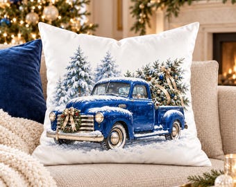 Blue Vintage Truck with Christmas Tree Pillow