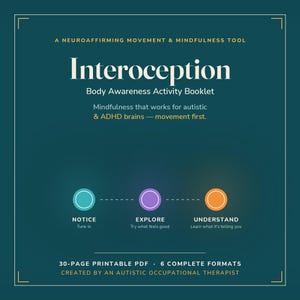 May include: A dark teal digital activity booklet cover titled Interoception Body Awareness Activity Booklet. It features the text A neuroaffirming movement & mindfulness tool, mindfulness that works for autistic & ADHD brains, and three circles labelled Notice, Explore, and Understand. It is a 30-page printable PDF.