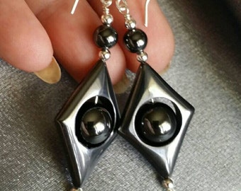 Hematite Earrings of Sterling Silver, wire wrapped with Hematite geometric shaped beads (#1375)