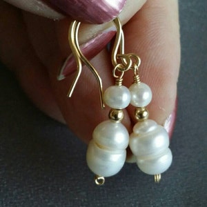 Pearl earrings, round and baroque cultured pearl drops, creamy white, handcrafted on gold filled earwires (#1346)