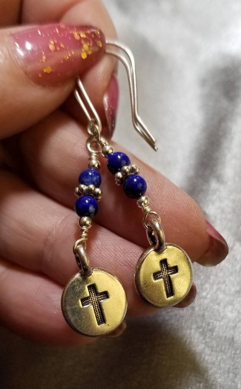 Cross Earrings, Lapis Lazuli gemstones and sterling Silver, (#1477)