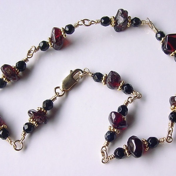 Wire wrap Anklet: Black Onyx, Natural red Garnet, Vermeil, gold fill  "Tribal Passion"  unique gift (Item 1043)