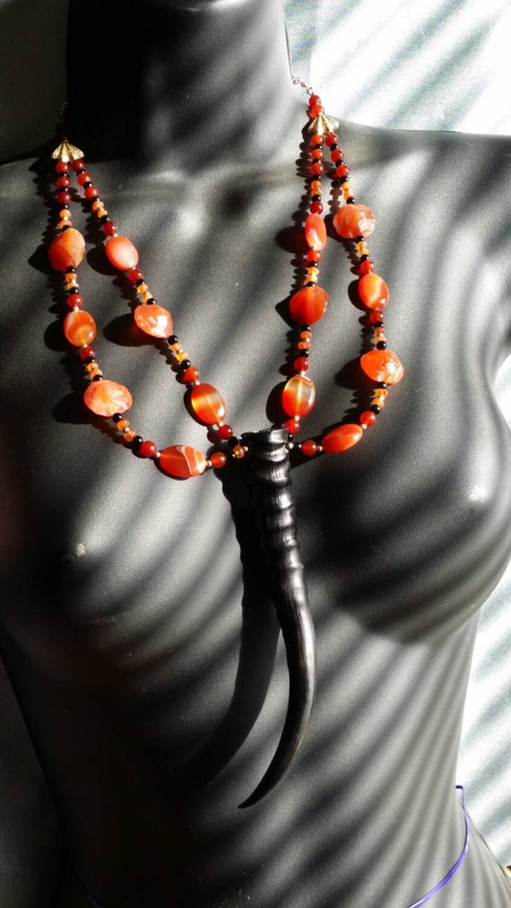 Necklace with horn, Carnelian red gemstones, for women, Springbok Horn, sustainably sourced, totem, black onyx, vermeil (#1247)