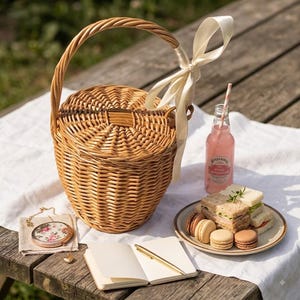 May include: A round woven wicker picnic basket with a single arched handle and a cream-colored ribbon tied to the side. Beside it sits a glass bottle of pink lemonade, a plate of sandwiches and macarons, an open notebook with a gold pen, and a floral compact.