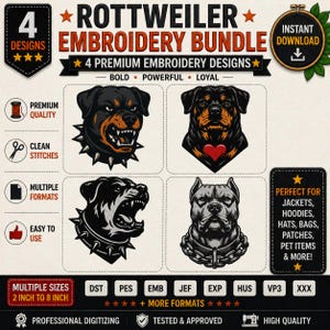 Puede incluir: Un paquete de bordado digital con cuatro diseños de Rottweiler. Dos muestran perros gruñendo con collares de pinchos, uno con un corazón rojo y otro con un collar de cadena. El texto incluye ROTTWEILER EMBROIDERY BUNDLE y medidas de 5 cm a 20 cm.