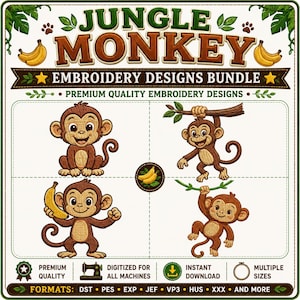 Puede incluir: Un paquete de diseños de bordado digital titulado JUNGLE MONKEY que presenta cuatro ilustraciones distintas de monos marrones. Los monos se muestran sentados, colgados de una rama, sosteniendo un plátano y balanceándose. Incluye etiquetas de texto.