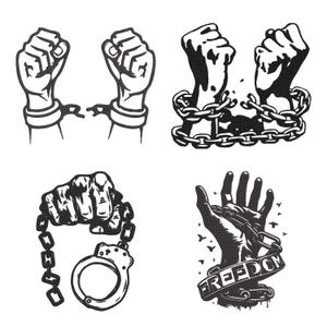May include: A set of four black and white illustrations featuring hands and chains. One shows broken handcuffs, another shows hands breaking chains, a third shows a fist holding handcuffs, and the fourth shows a hand with chains and the word FREEDOM.
