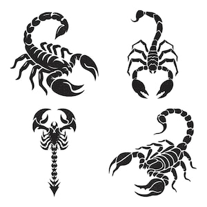 Peut inclure: Un ensemble de quatre illustrations distinctes de scorpions noirs disposées en grille. Chaque scorpion est représenté dans une pose différente, montrant des corps segmentés, des queues recourbées avec des dards et de grandes pinces.