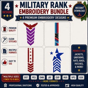 May include: A digital embroidery file bundle featuring four military rank designs. The set includes a purple chevron eagle, a vertical tricolor stripe, a red star and chevron pattern, and a blue star with chevron design, all in 2 to 8 inch sizes.