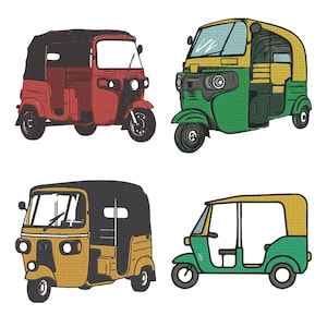 May include: A set of four embroidered patches featuring three-wheeled auto rickshaws. One is red with a black roof, one is green and yellow, one is yellow with a black roof, and one is a simplified green and yellow outline design.