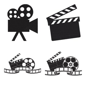 Op de afbeelding: Een set van vier zwarte geborduurde patches met ontwerpen in filmthema. De set bevat een vintage filmcamera, een filmklapper en twee verschillende composities die een filmrol, een filmklapper en een strook film combineren.
