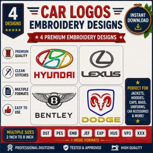 Car Logos Embroidery Designs | Hyundai, Lexus, Bentley, Dodge (Digital Download)