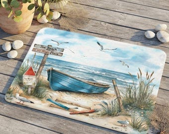 The Beach Is My Happy Place Floor Mat, Coastal Area Rug, Nautical Doormat, Washable Flannel Accent Rug, Beach House Decor, 3 Sizes