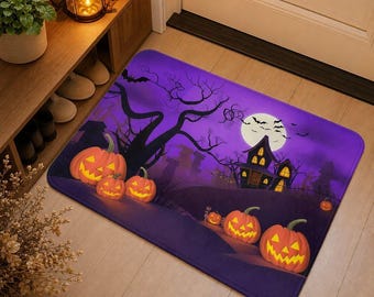 Halloween Pumpkin House Floor Mat, Spooky Purple Night Area Rug, Holiday Doormat, Washable Flannel Accent Rug, Home Decor, 3 Sizes