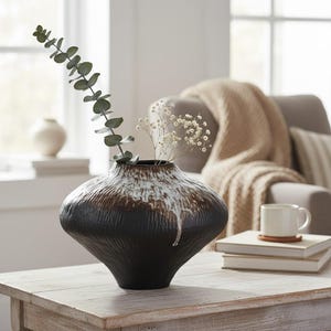 May include: A wide, low-profile ceramic vase with a textured, ribbed surface. The base is matte black, transitioning to a glossy white drip glaze around the narrow neck. A single eucalyptus stem and a small sprig of baby's breath are placed inside.