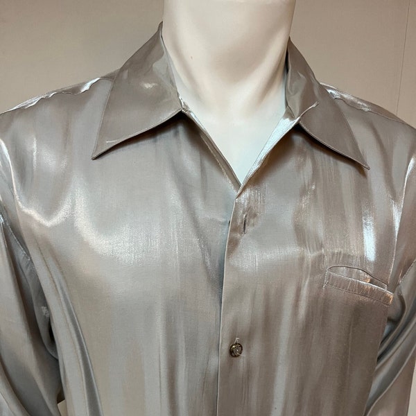 Vintage 1990s Le Mode Homme Couture for International Male Silver Satin Shirt LRG 16-16 1/2 x 34 Dry-Cleaned