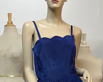 Vintage 1940s/1950s Cobalt Taffeta Scalloped Neckline Dress & Petticoat Bust 34 Dry Cleaned