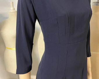 Flawless Early 1960s Vintage Mr. Mort Fitted Navy Blue Rayon Dress w/ Scarf Sash DRY CLEANED Bust 34
