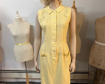 Vintage 1960s Judy Wayne Button Front Lemon Pique Cotton Dress CLEANED Bust 36