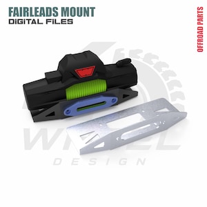 Puede incluir: Un cabrestante negro con una bobina verde brillante y un logotipo rojo, acompañado de una guía de cable azul y un soporte de montaje de metal plateado separado. La imagen incluye el texto FAIRLEADS MOUNT, DIGITAL FILES y OFFROAD PARTS.