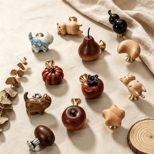 Boutons de meubles en bois massif à motifs de dessins animés, poignées de tiroir en laiton représentant des fruits et des animaux mignons, poignées de penderie sculptées à la main pour chambre d'enfant et meubles de maison