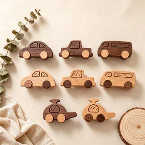 Minimalist Cartoon Car Wood Drawer Knobs | Beech Walnut Transport Cabinet Pulls, Neutral Nursery Wardrobe Hardware, Boho Kids Room Decor