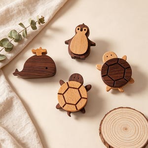 Cute Animal Wooden Cabinet Knobs, Turtle Whale Penguin Drawer Pulls, Natural Solid Wood Nursery Dresser & Kids Closet Furniture Hardware