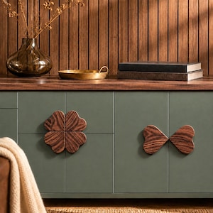 Split Heart Four Leaf Clover Handles,Walnut & Beech Drawer Pulls, Minimalist Closet Door Knobs, Boho Vintage Furniture Hardware