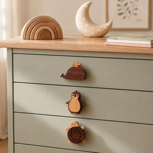 Cute Animal Wooden Cabinet Knobs, Turtle Whale Penguin Drawer Pulls, Natural Solid Wood Nursery Dresser & Kids Closet Furniture Hardware