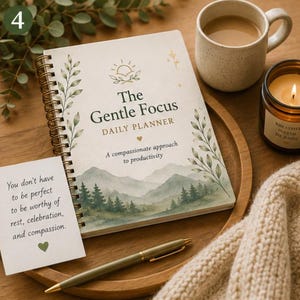 Può includere: Un'agenda giornaliera a spirale intitolata The Gentle Focus con un'illustrazione ad acquerello di montagne e boschi, accompagnata da un cartoncino con testo sulla compassione, una penna dorata, una tazza in ceramica e una candela accesa.