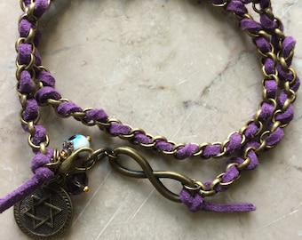 Lila Leder/Bronze kettenarmband, unendlich Link, bösen Blick Charme, Beginn der David-Charme. #B00247