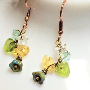 Fall wrapping earrings with Czech glass flower beads and crystals. E00346