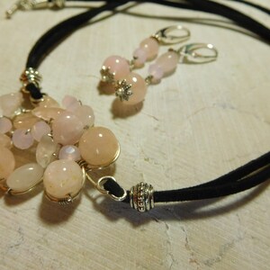 Black Leather necklace set made with Sterling silver wire doodling shape and Rose Quartz stones #NBES00108