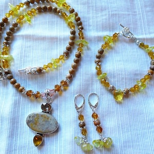Jasper/citrine stone Necklace in the center Sterling Silver Overlay Coral fossil citrine stones pendant and matching earrings set.#NBES0104