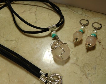 Black leather necklace set with Rose quartz pendant, turquoise and freshwater pearl. #NES00119