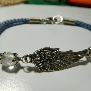 Angel Wing-Crochet Bracelet made with S-Lon TEX 400 Heavy Macrame Beading color blue morning and moon faceted beads stones . #B00188