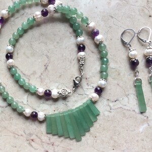 Green Jade necklace set with Amethyst, pearls and matching earrings  #NES00121